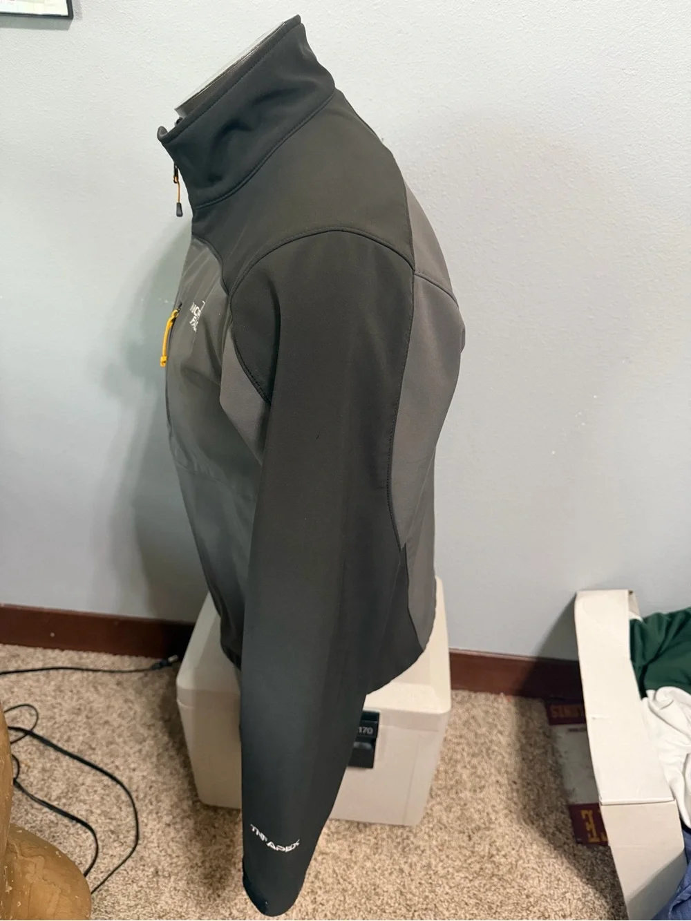 The North Face Apex Men's Grey and Black Softshell Jacket with Yellow Accents